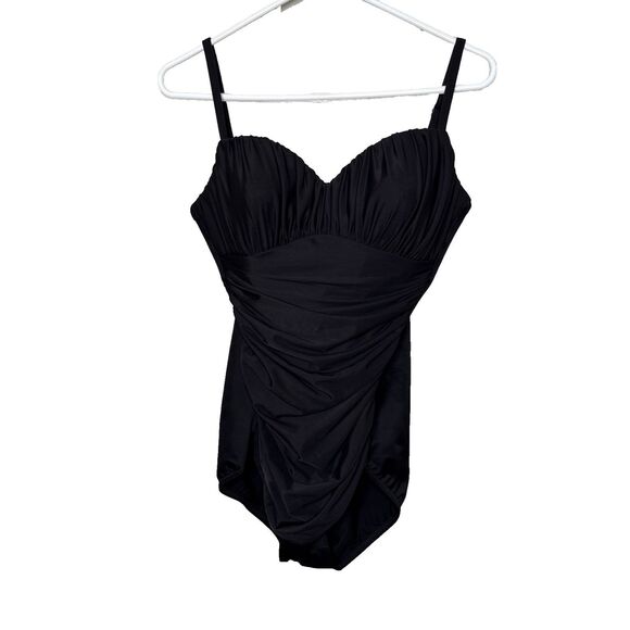 Miraclesuit Size 10 One Piece Swimsuit Solid Black Ruched Gathered Front Womens - Picture 2 of 10